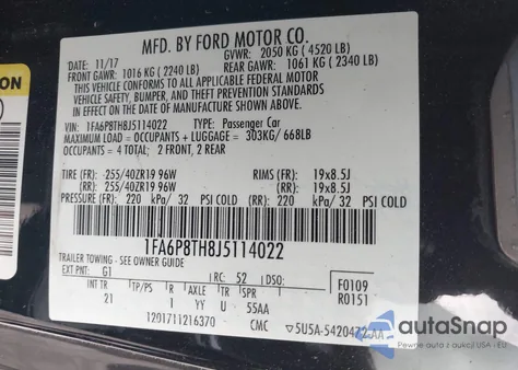 2018 Ford Mustang Ecoboost z USA, uszkodzony, nr VIN 1FA6P8TH8J5114022